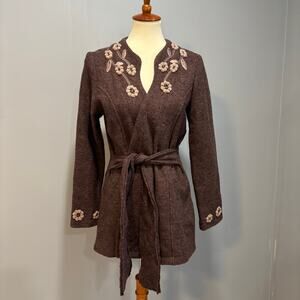 Vintage 90s Y2K Cynthia Rowley floral-trim brown wool tie sweater coat, Size M